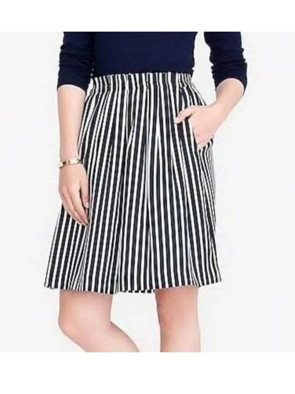 J.Crew Navy White Striped Midi Skirt Size 4 Nautical A-Line Pockets